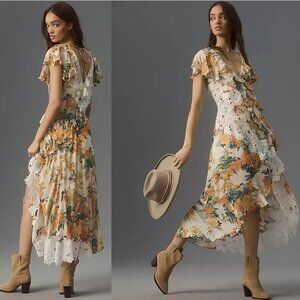 Anthropologie Floral Lace Midi Dress - Orange and White